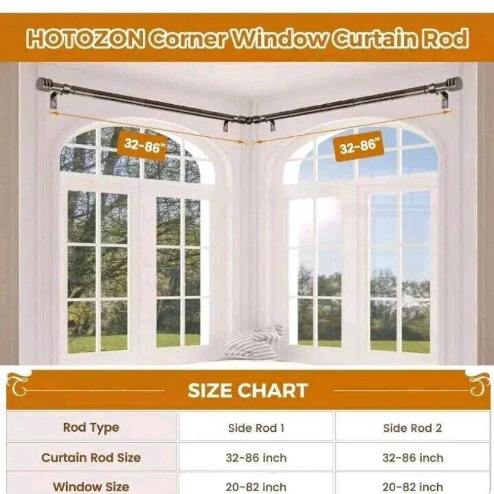1 Inch Splicing Corner Window Curtain Rods Set, 32-86 Inch Heavy 32-86